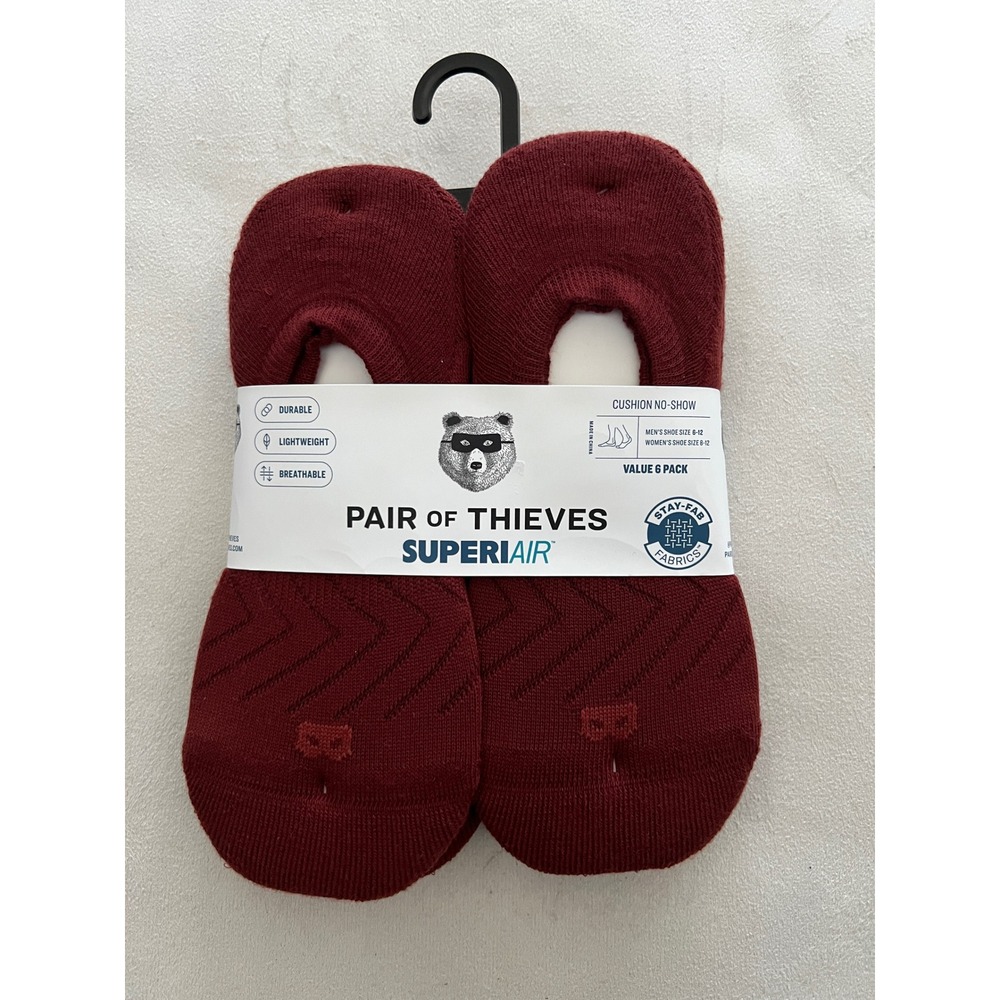Pair of Thieves SuperAir Cushion No-Show Socks 6 Pack Mineral Red Mens 6-12 NEW